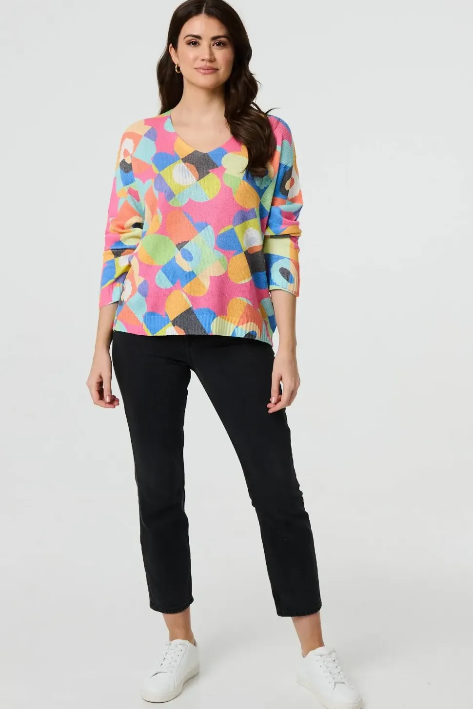 Abstract V-Neck Long Sleeve Knit Top