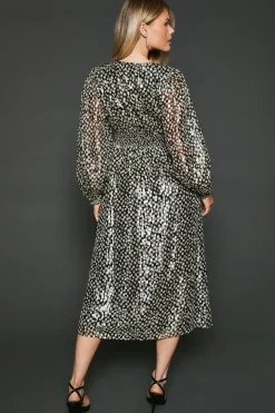 Abstract V Neck Metallic Midi Dress