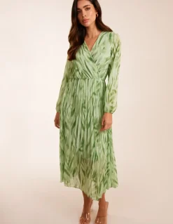 Abstract Wrap Pleated Midi Dress