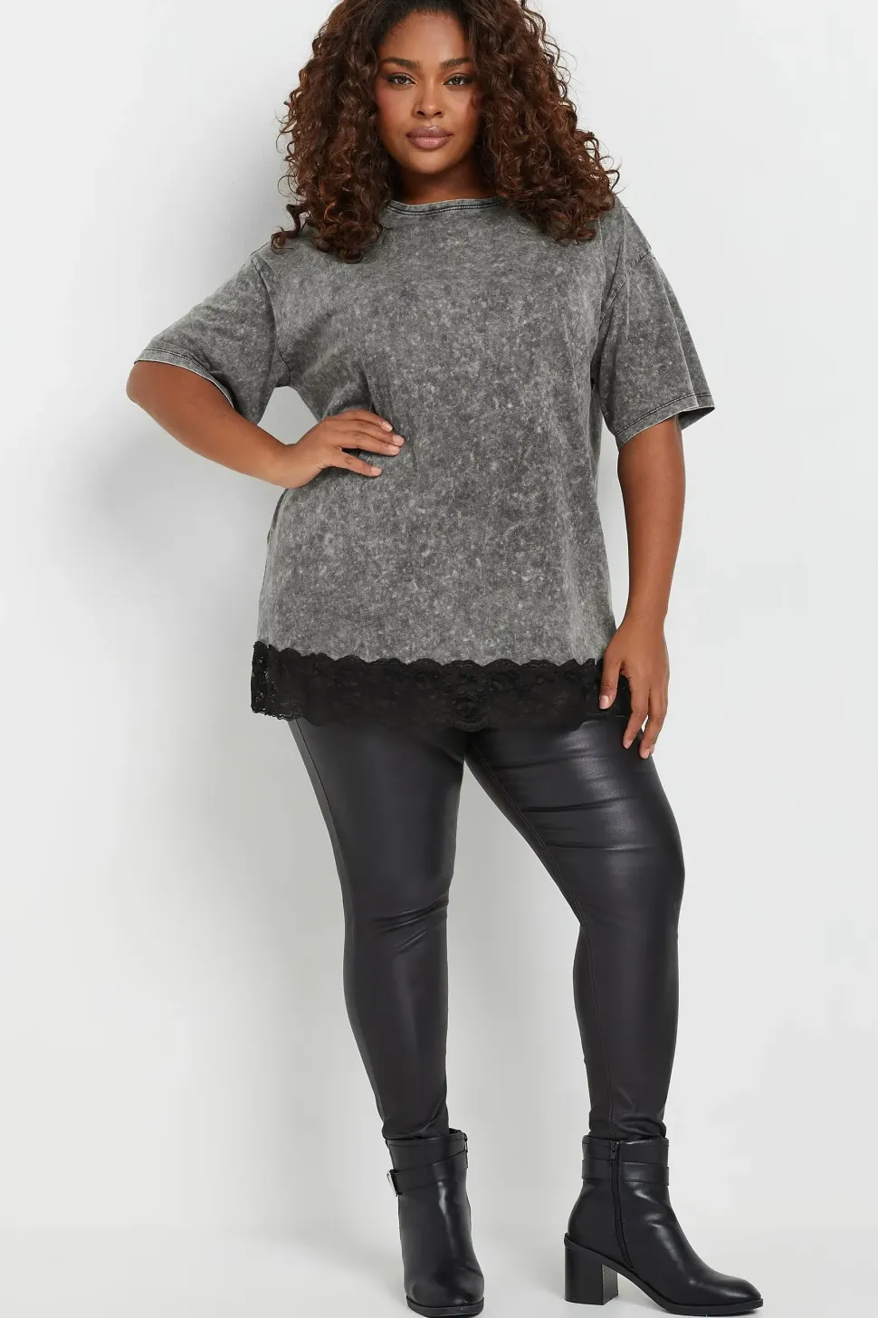 Acid Wash Lace Hem T-Shirt