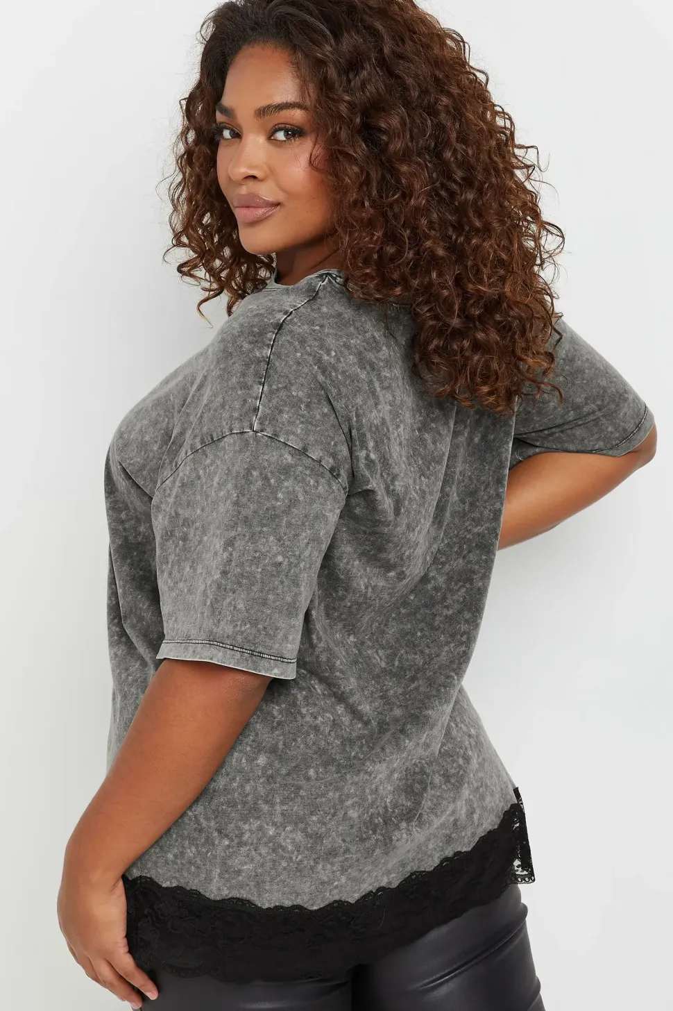Acid Wash Lace Hem T-Shirt