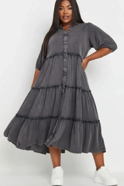 Acid Wash Tiered Shirt Dress