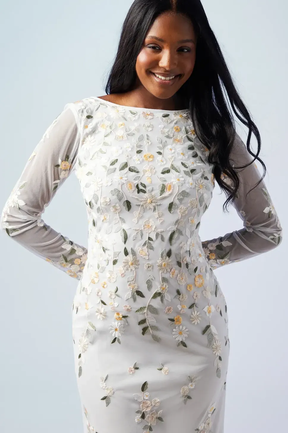 All Over Embroidered Wildflower Long Sleeve Wedding Dress
