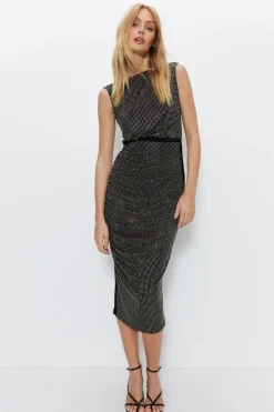 All Over Hotfix Detail Ruched Midi Dress