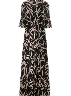 Amber Leaf Print Tiered Maxi Dress-Floral