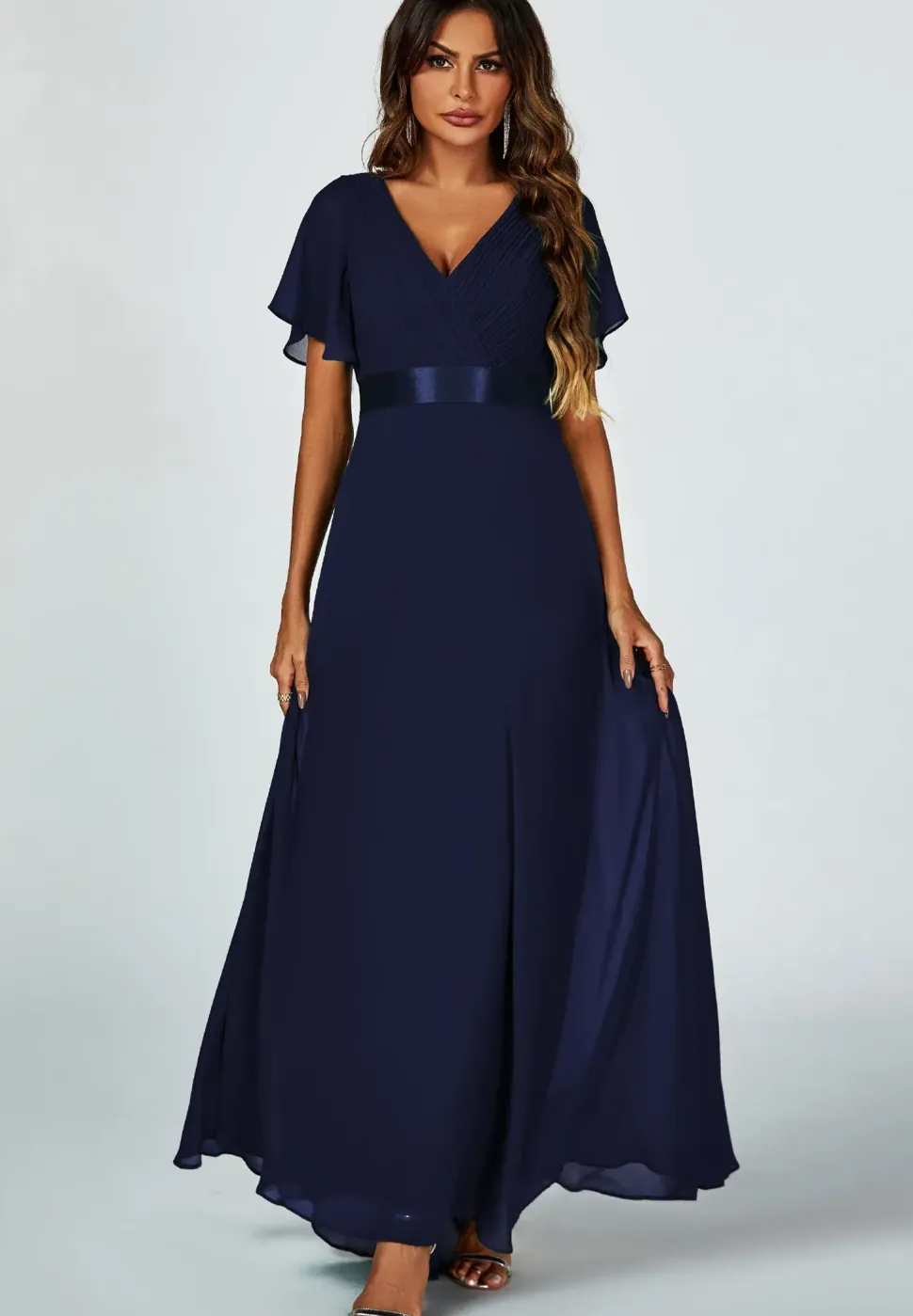 Angel Sleeves Empire Waist Bridesmaid Dress In Navy