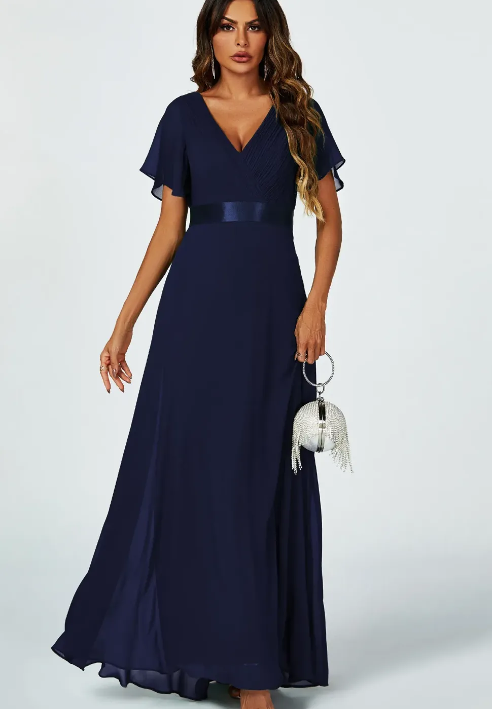 Angel Sleeves Empire Waist Bridesmaid Dress In Navy