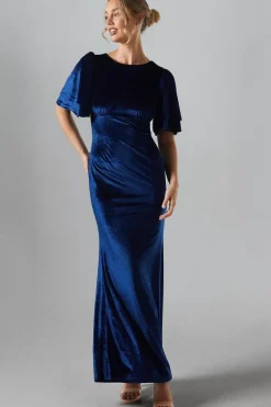 Angel Sleeve Tie Back Velvet Bridesmaid Maxi Dress