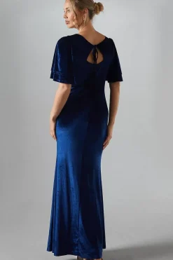 Angel Sleeve Tie Back Velvet Bridesmaid Maxi Dress