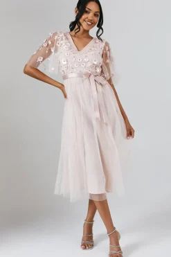 Angel Sleeve Trailing Floral Embellished Bridesmaids Dress