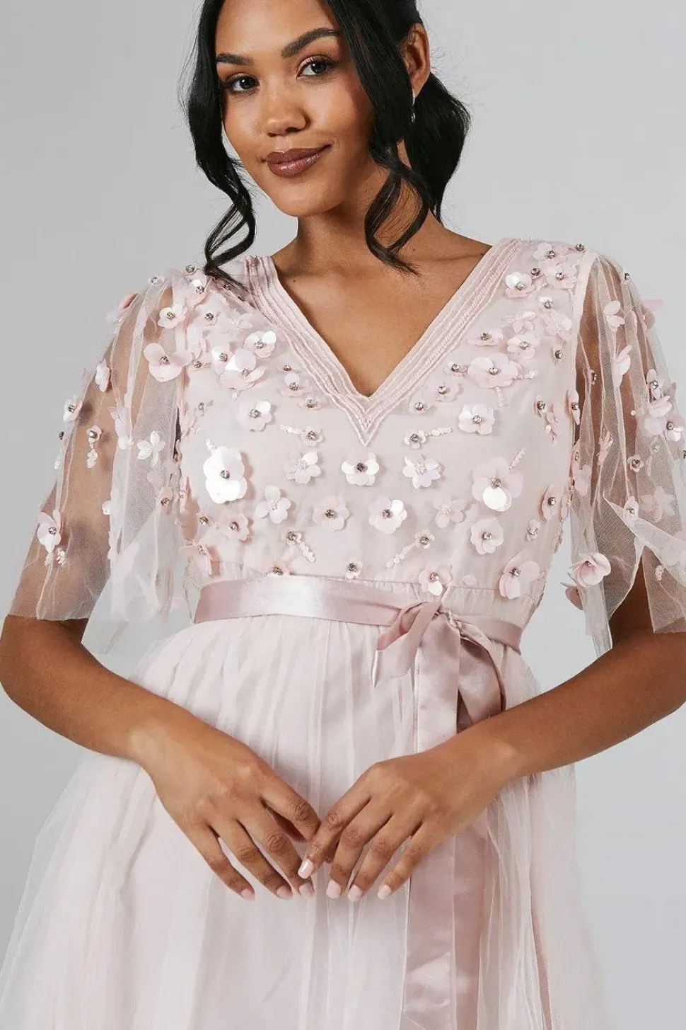 Angel Sleeve Trailing Floral Embellished Bridesmaids Dress