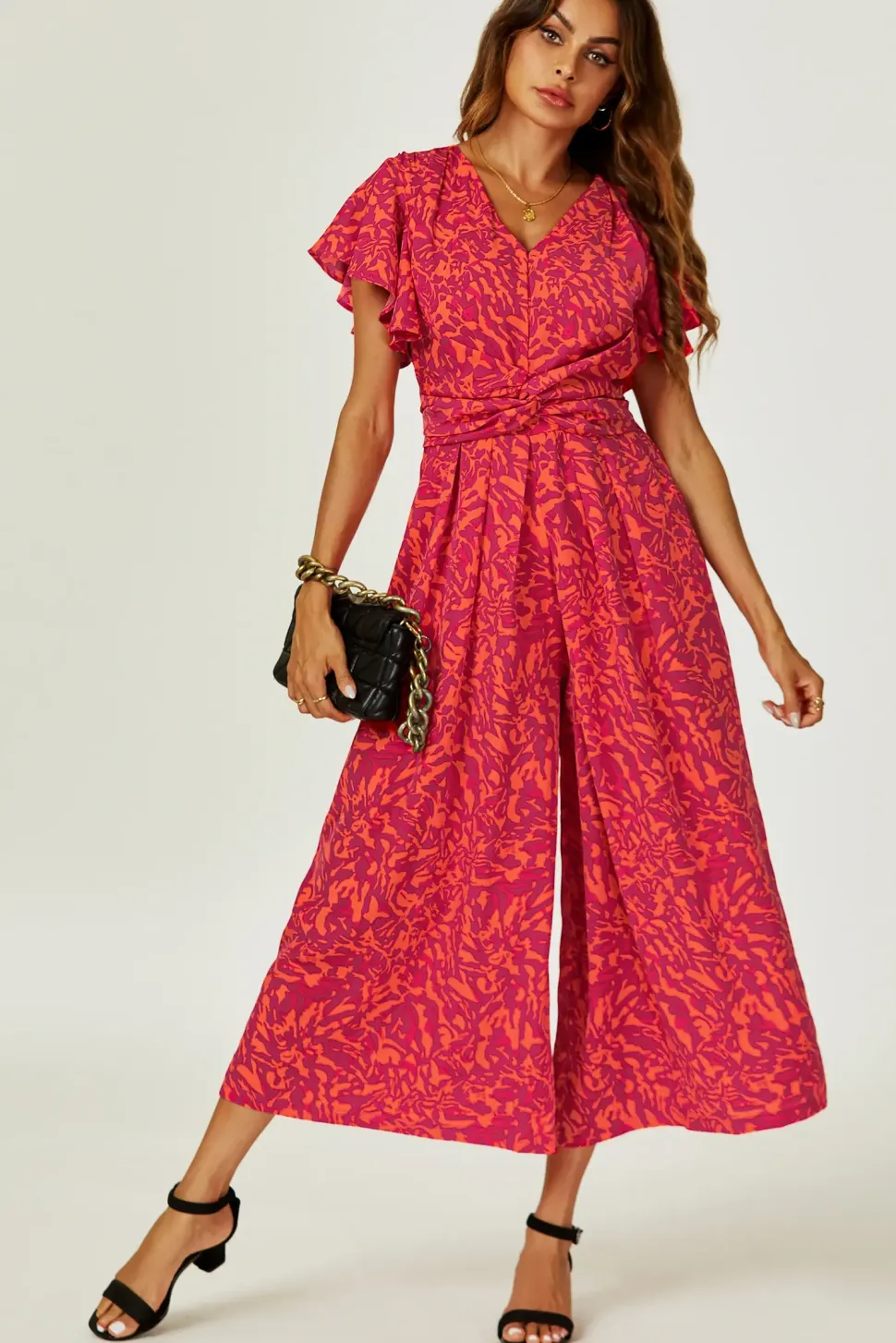 Angel Sleeve Twist Jumpsuit In Fuchsia