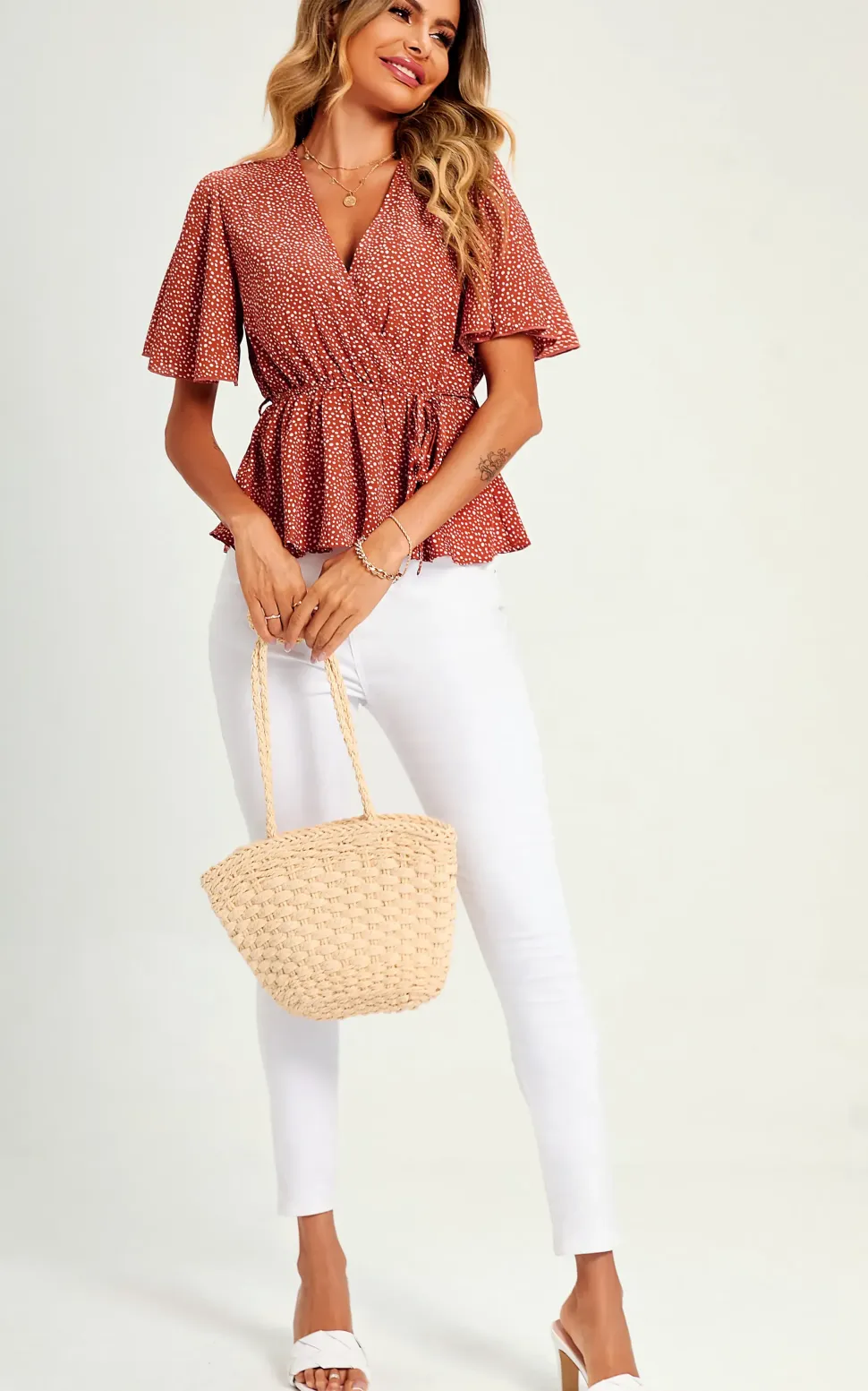 Angel Sleeve V Neck Top/Blouse In Rusty Red Dot Print