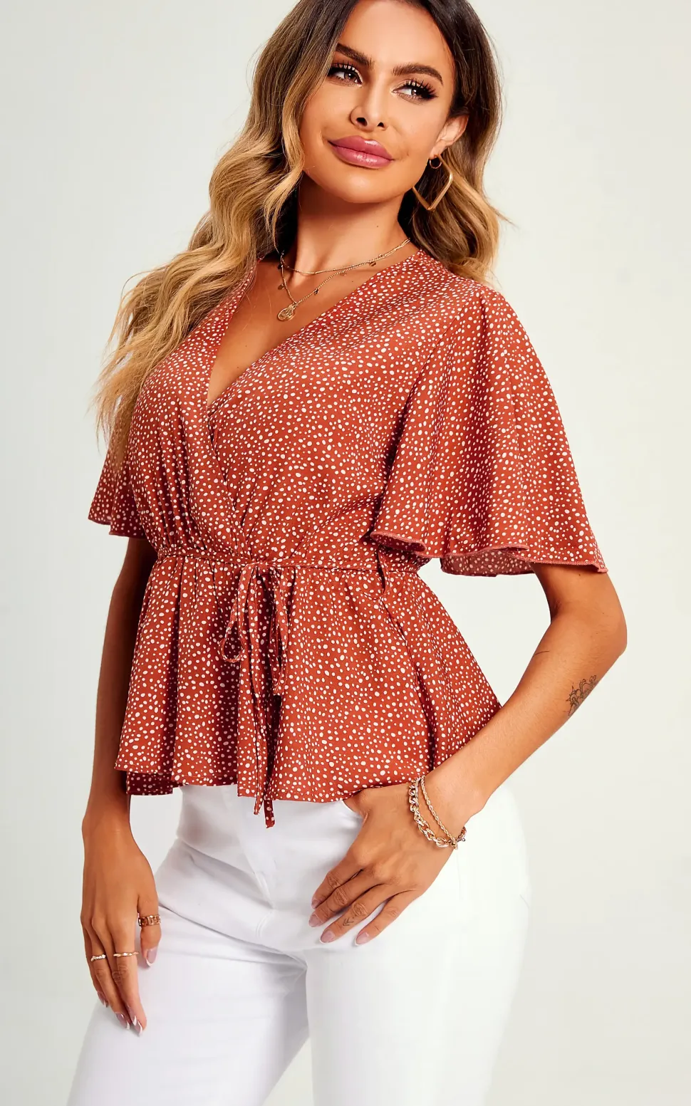 Angel Sleeve V Neck Top/Blouse In Rusty Red Dot Print