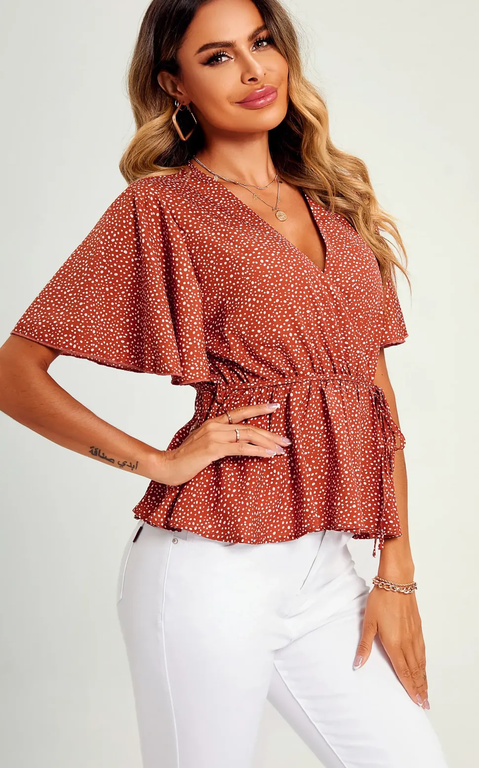 Angel Sleeve V Neck Top/Blouse In Rusty Red Dot Print