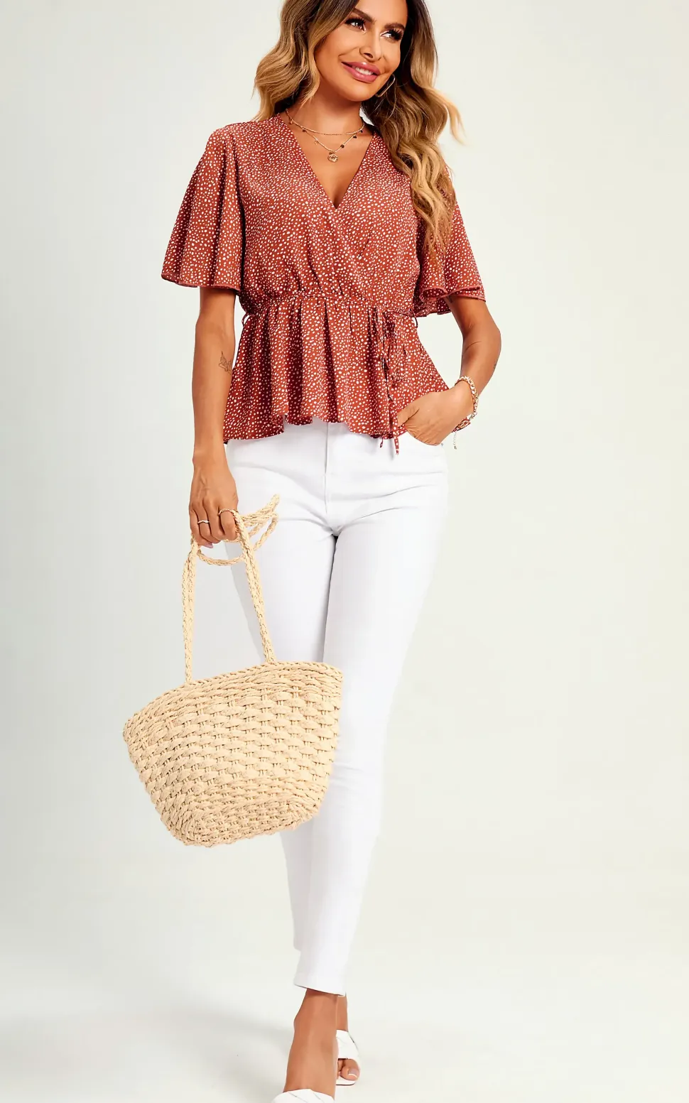Angel Sleeve V Neck Top/Blouse In Rusty Red Dot Print