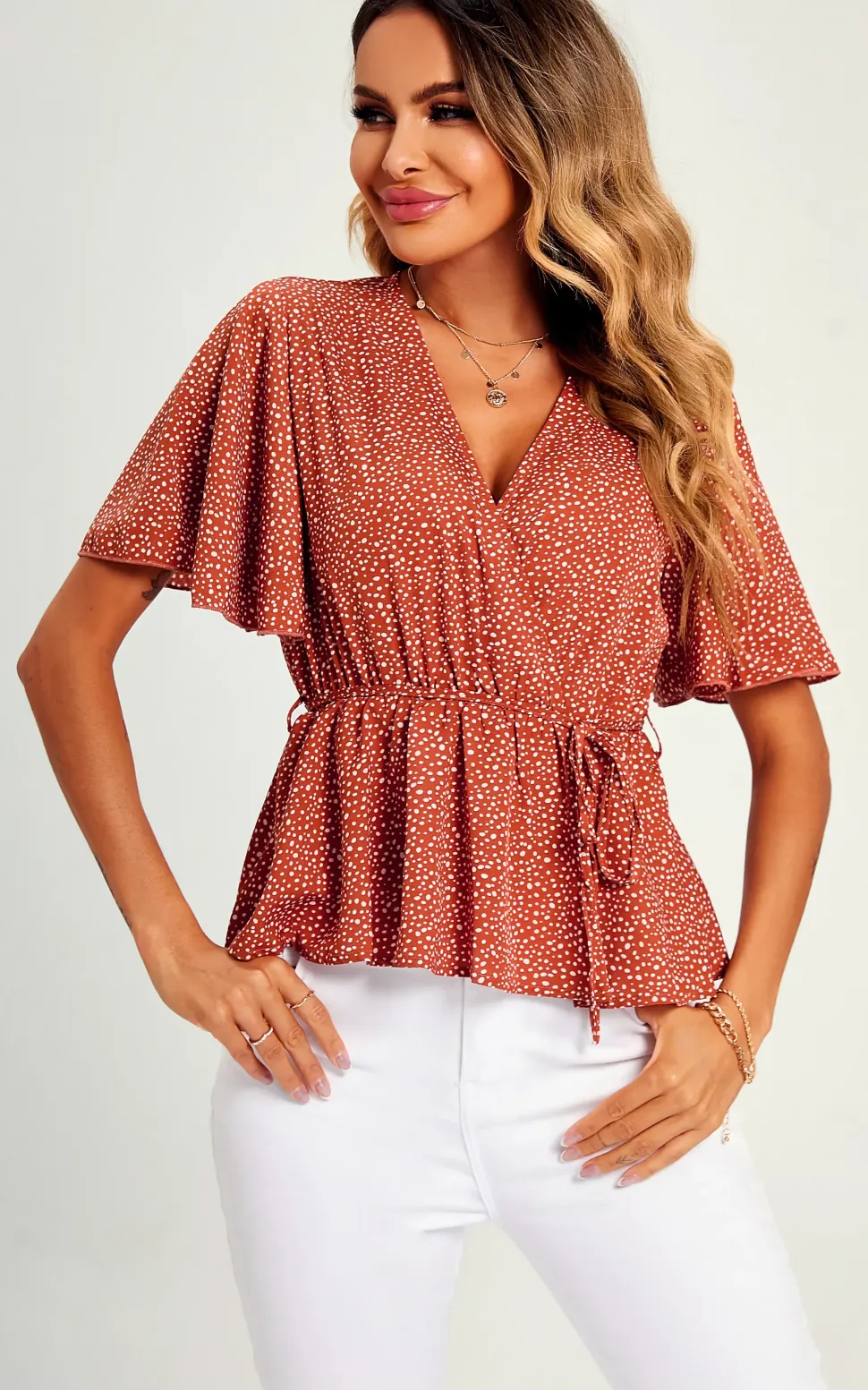 Angel Sleeve V Neck Top/Blouse In Rusty Red Dot Print