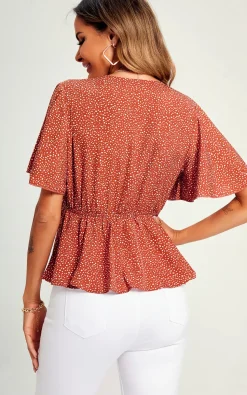 Angel Sleeve V Neck Top/Blouse In Rusty Red Dot Print
