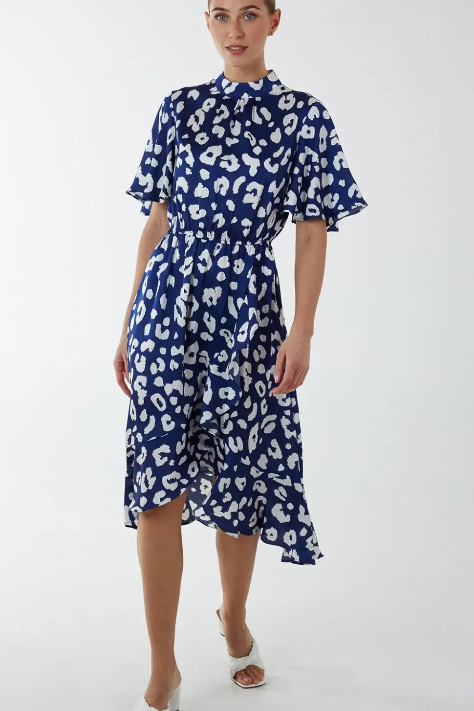 Angel Sleeve Wrap Ruffle Midi Dress
