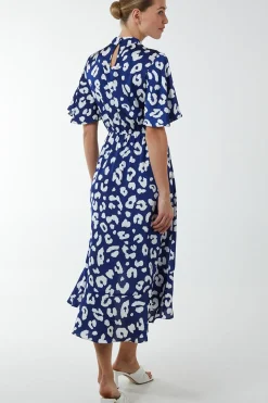 Angel Sleeve Wrap Ruffle Midi Dress
