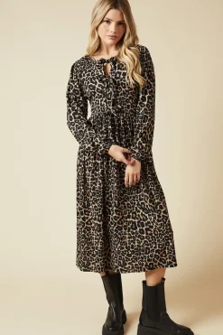 Animal Bow Tie Front Long Sleeve Midi Dress