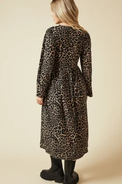 Animal Bow Tie Front Long Sleeve Midi Dress