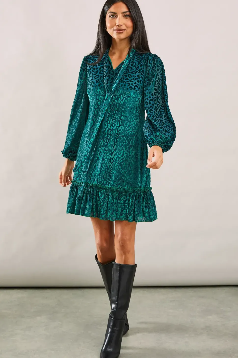 Animal Burnout Tie Neck Dress