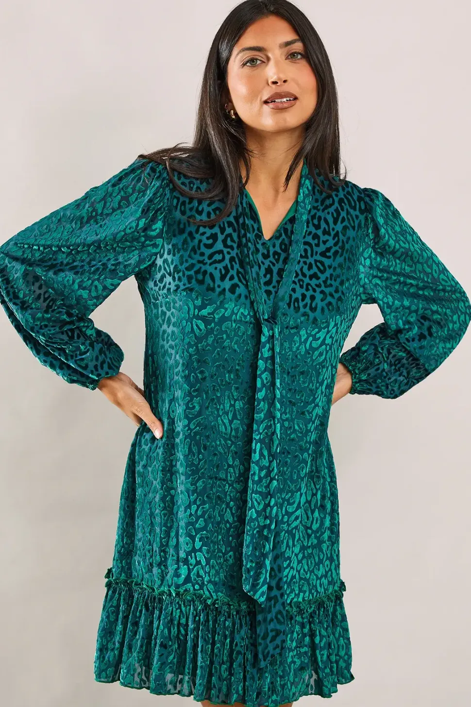 Animal Burnout Tie Neck Dress
