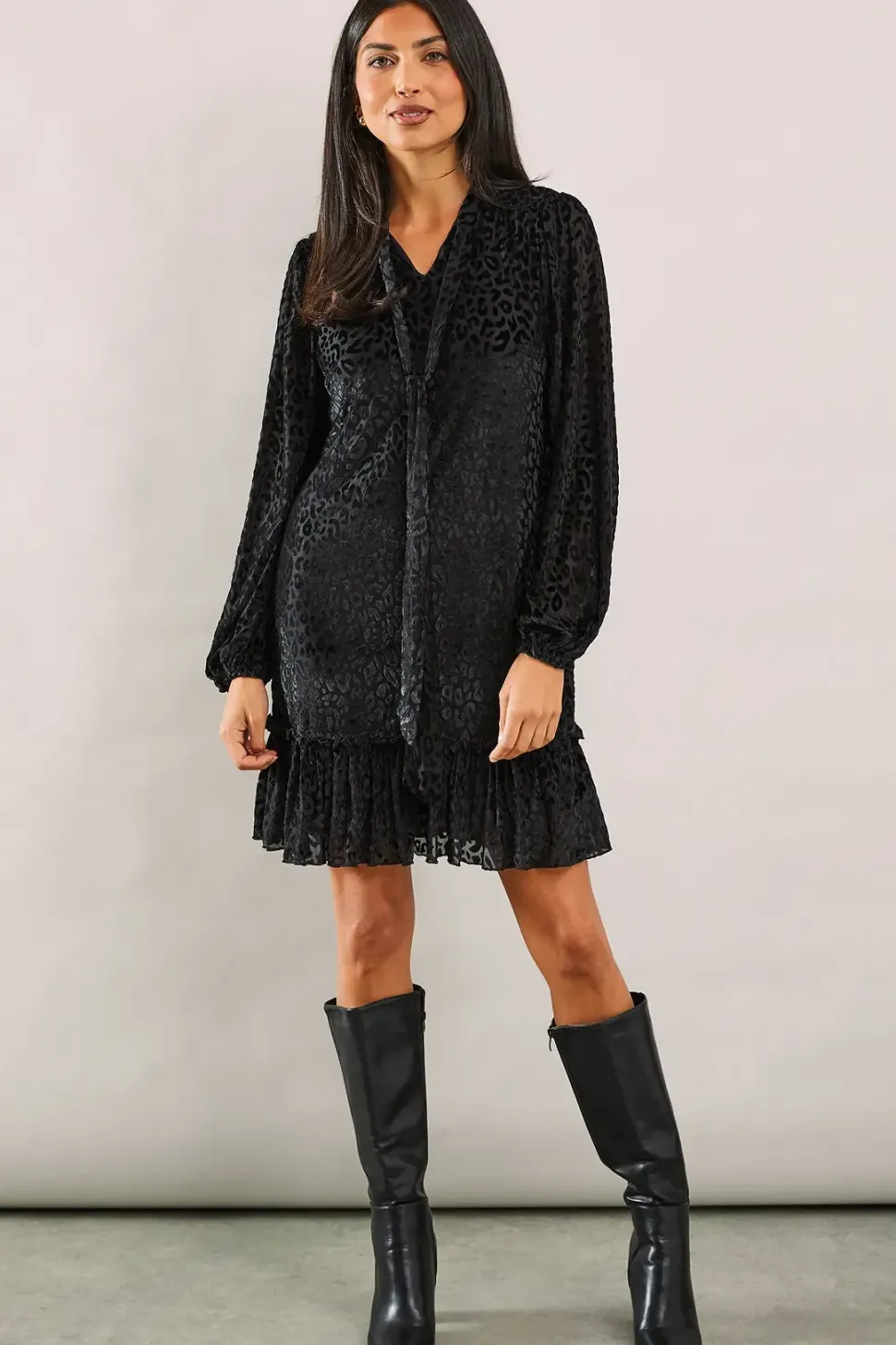 Animal Burnout Tie Neck Dress