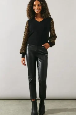 Animal Chiffon Sleeve V Neck Knitted Top
