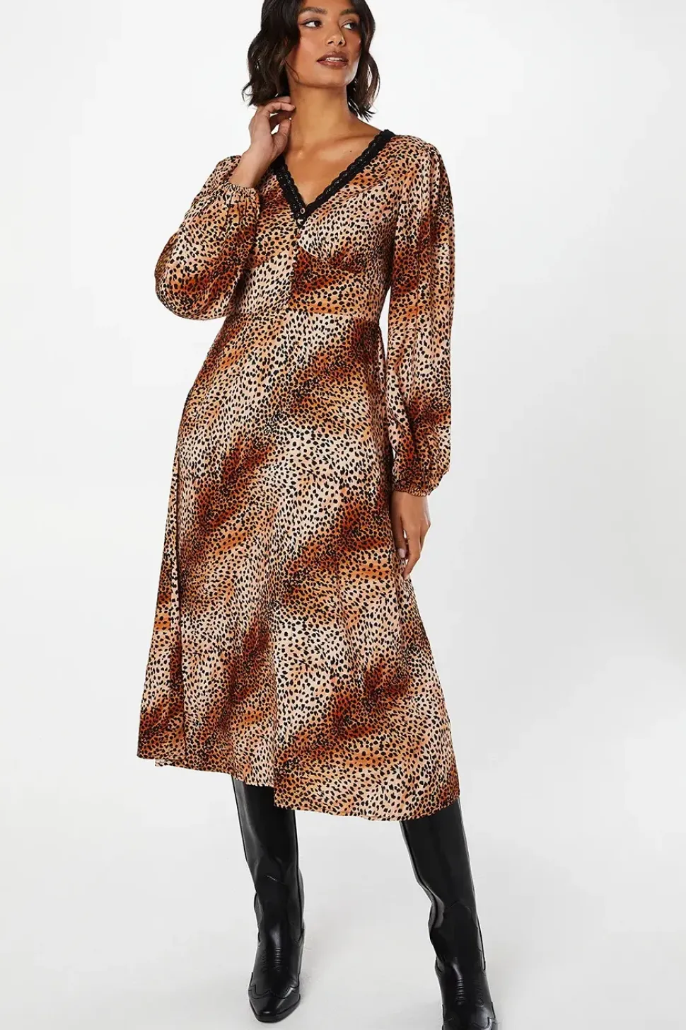 Animal Long Sleeve Lace Trim Button Front Midi Dress
