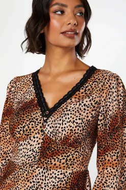 Animal Long Sleeve Lace Trim Button Front Midi Dress