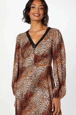 Animal Long Sleeve Lace Trim Button Front Midi Dress