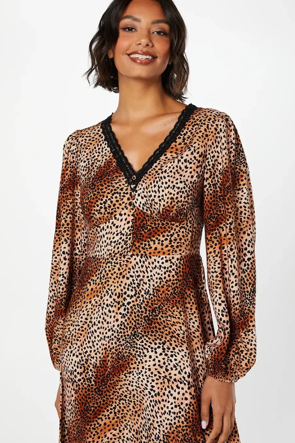 Animal Long Sleeve Lace Trim Button Front Midi Dress