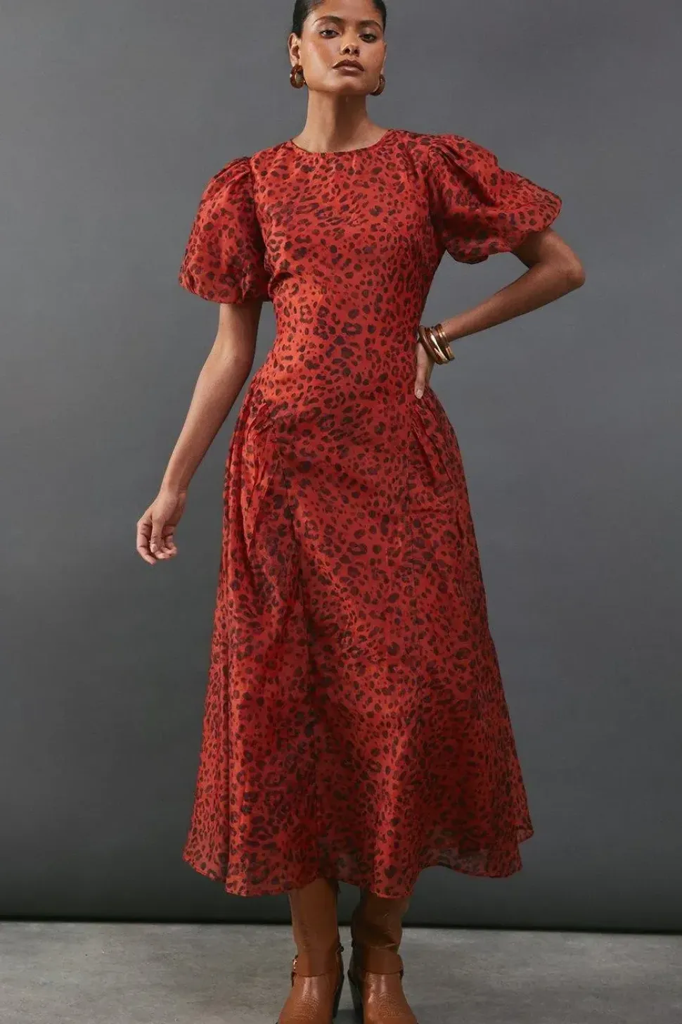 Animal Organza Puff Sleeve Godet Side Midi Dress
