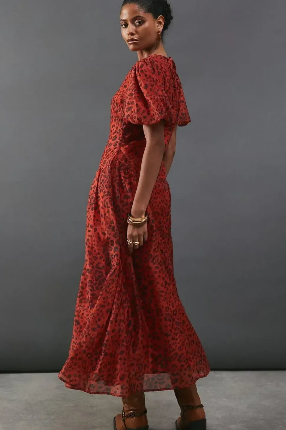 Animal Organza Puff Sleeve Godet Side Midi Dress