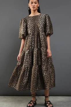 Animal Organza Puff Sleeve Midi Smock Dress