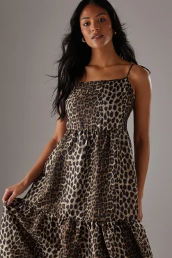 Animal Organza Strappy Smock Midi Dress
