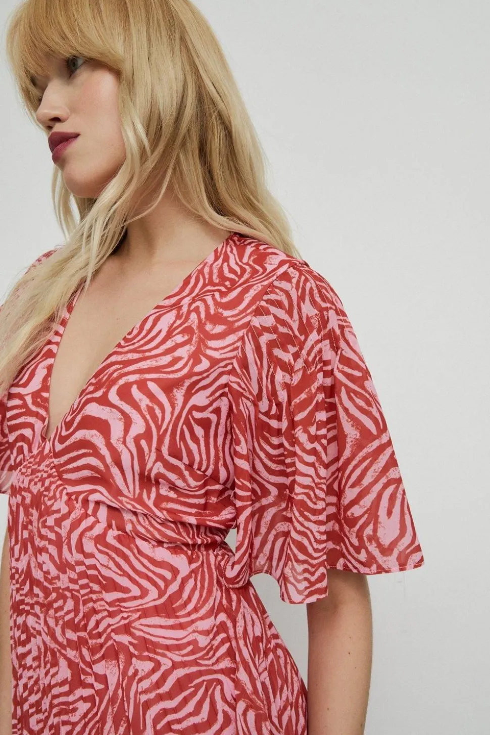Animal Pleated V Neck Midi Dress