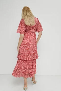 Animal Pleated V Neck Midi Dress