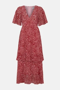 Animal Pleated V Neck Midi Dress