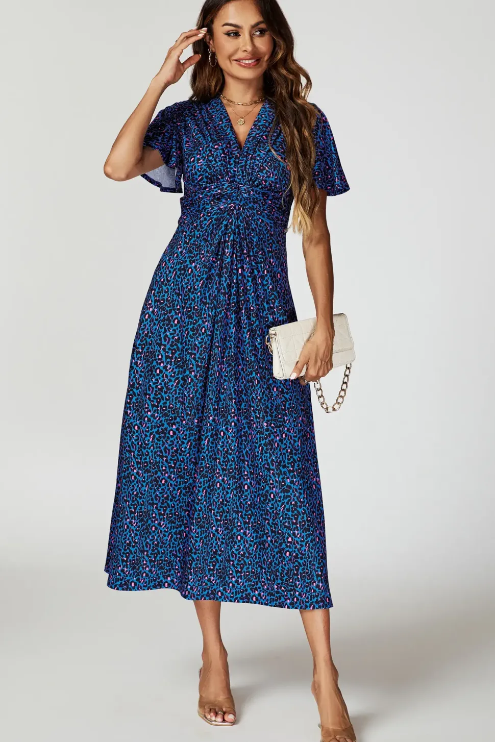 Animal Print Angel Sleeve Twist Maxi Dress In Blue