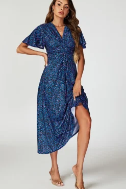 Animal Print Angel Sleeve Twist Maxi Dress In Blue