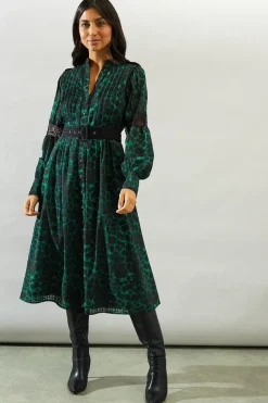 Animal Print Belted Shirt Midi Dress