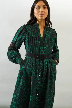 Animal Print Belted Shirt Midi Dress