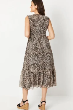 Animal Print Chiffon Sleeveless Ruffle Waisted Midi Dress