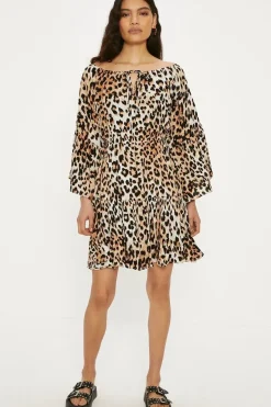 Animal Print Crinkle Bardot Dress