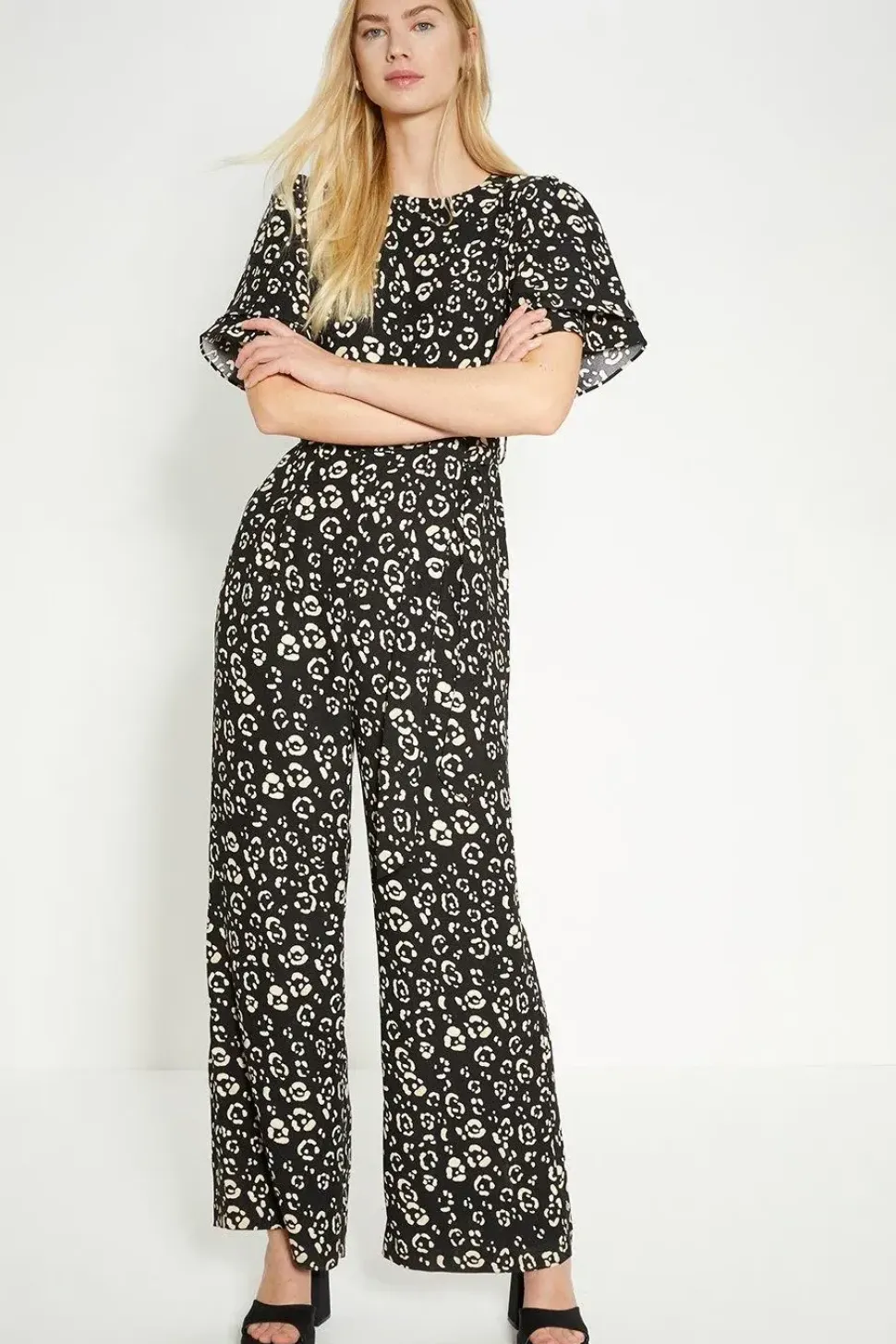 Animal Printed Crepe Belted Jumpsuit