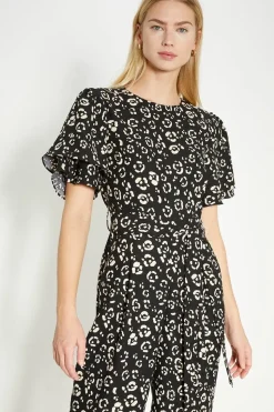 Animal Printed Crepe Belted Jumpsuit