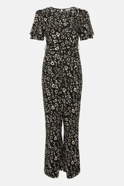 Animal Printed Crepe Belted Jumpsuit